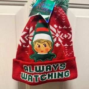 Elf Holiday Christmas Hat "always Watching Elf" Beanie Sweater Hat W/pom Pomnew
